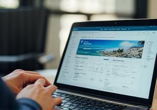 A travel consultant reviewing a detailed itinerary on a laptop